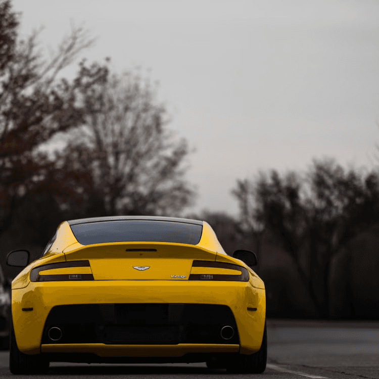 Yellow Aston Martin V8 Vantage seen square from behind on an autumn road, bare trees blurred beyond it
